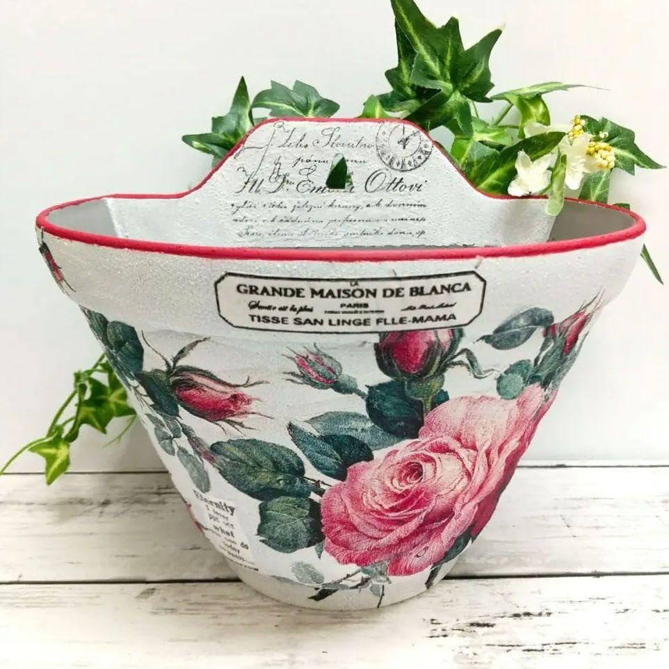 デコパージュ ꔛꕤ ガーデン雑貨 *壁掛け6号鉢 *薔薇 *リメイク鉢